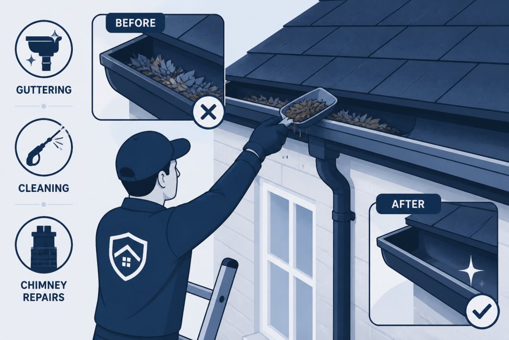 Professional gutter maintenance work being performed on residential property, showing cleaned guttering system with debris removal
