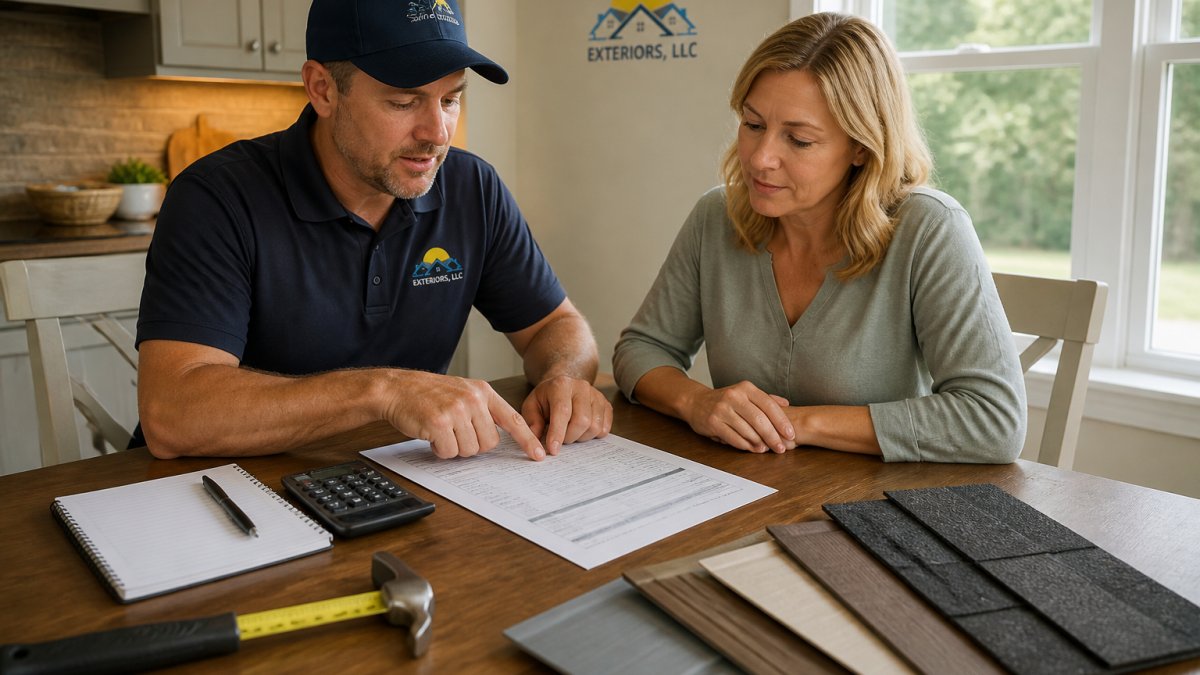 A homeowner and a contractor reviewing a detailed estimate document at a kitchen table, with a notebook and calculator nearby, natural light coming through a window