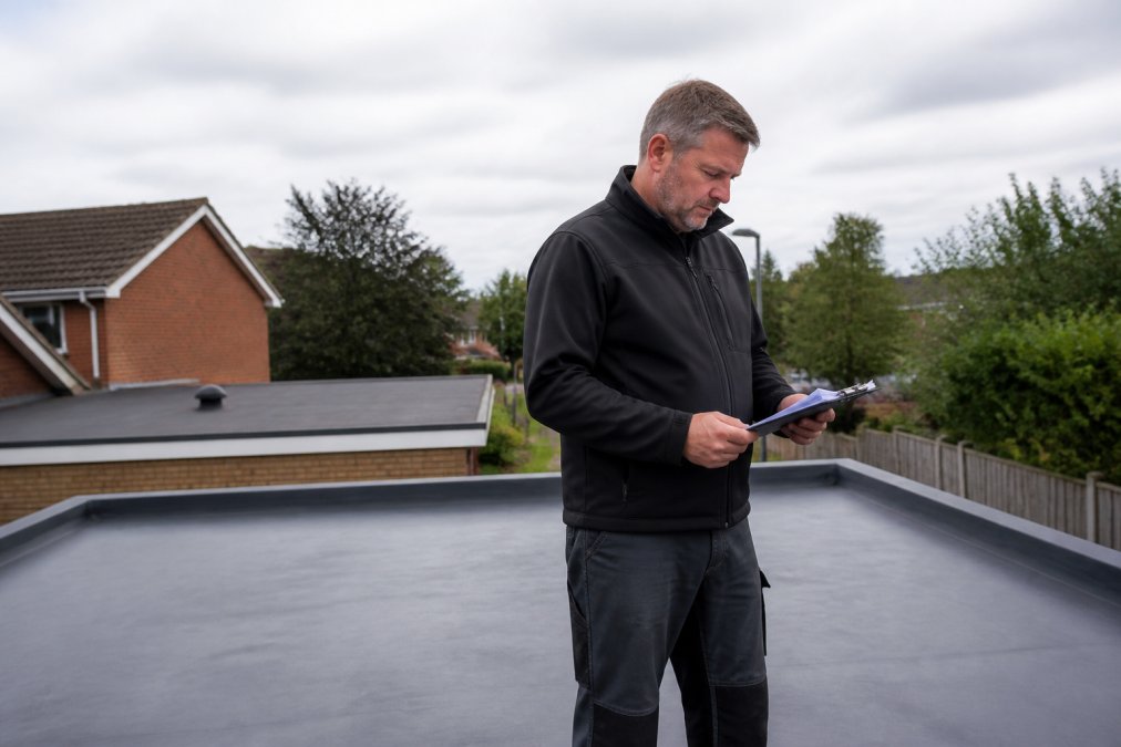 A professional roofer in branded workwear reviewing paperwork on a clipboard while standing on a completed flat rubber roof on a residential property, bright overcast daylight, suburban rooftop setting