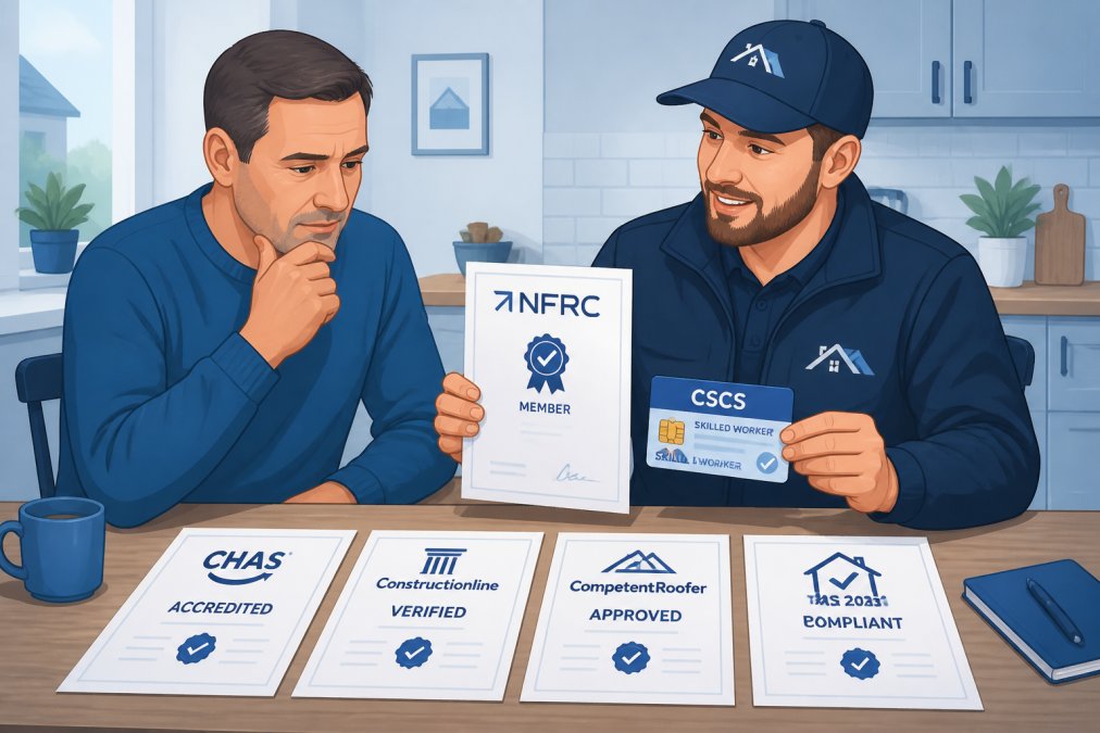 A homeowner and a roofer sitting at a kitchen table in a bright domestic kitchen, the roofer showing printed certification documents and a CSCS card to the homeowner who is reviewing them carefully, warm indoor lighting