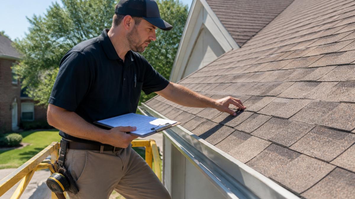 Professional roofer conducting detailed inspection of residential roof shingles with clipboard and measuring tools, standing on safe inspection platform with clear daylight