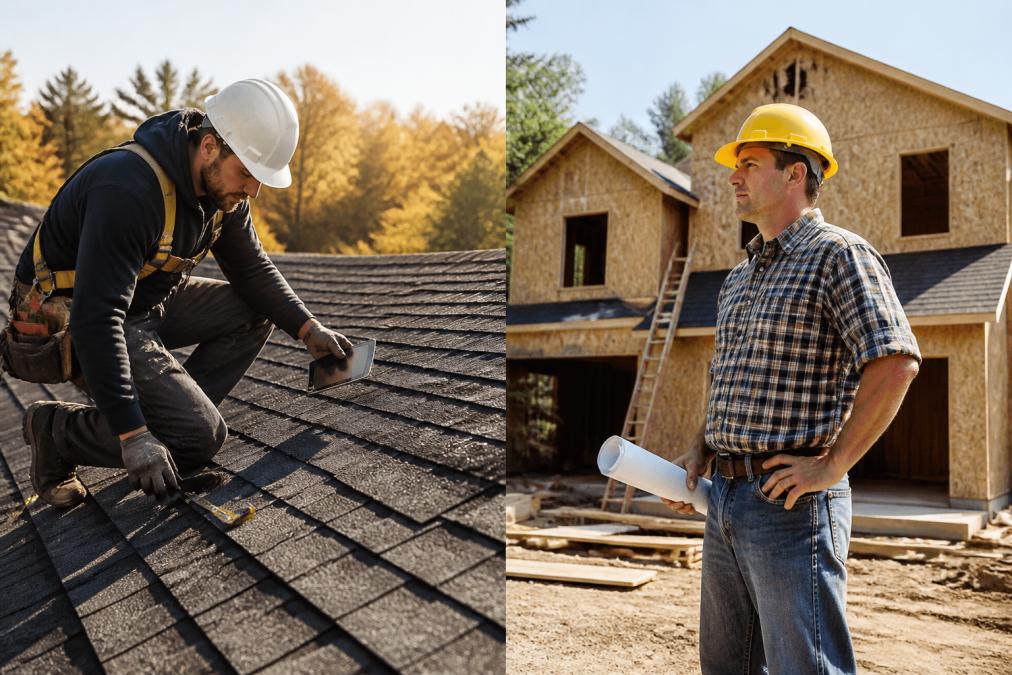 Professional roofing contractor in safety harness and hard hat inspecting residential asphalt shingle roof with measuring tools and tablet, morning sunlight illuminating the work site