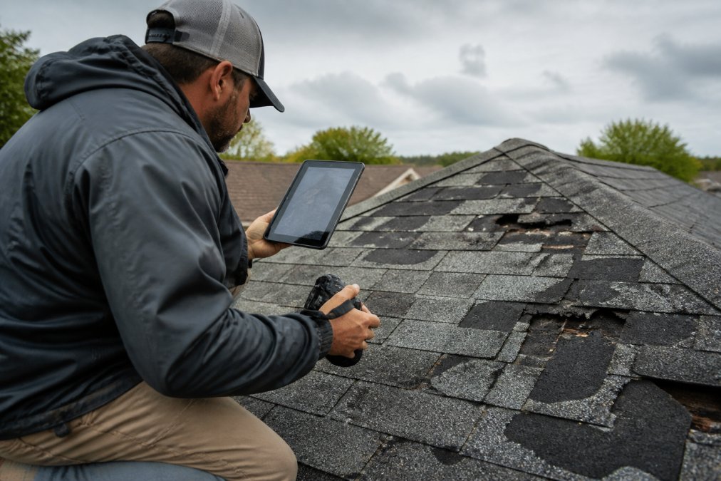 Roofing professional in work gear documenting visible hail damage and missing shingles on residential roof using tablet and camera, overcast storm-damage lighting conditions