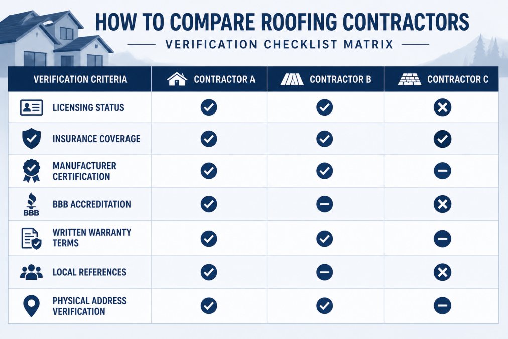 Verification checklist matrix for evaluating roofing contractors in Great Falls: licensing status, insurance coverage, manufacturer certification, BBB accreditation, written warranty terms, local references, and physical address verification