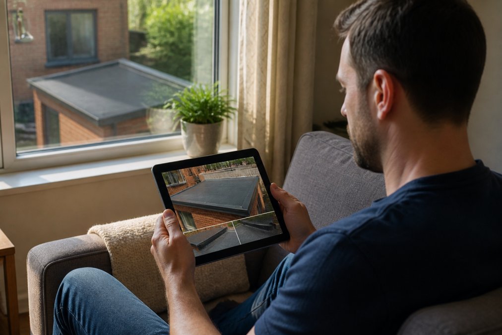 Homeowner reading verified customer reviews on tablet in living room with clear view of residential roof through window, natural afternoon lighting