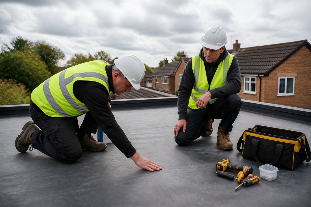 Professional roofing team in safety equipment inspecting residential flat roof with tools, examining surface conditions in daylight