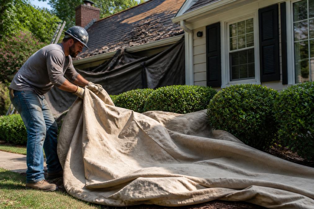 A roofer in a hard hat and work gloves spreading a heavy canvas tarp over boxwood shrubs beside a residential home, with a partially stripped roof visible in the background under bright afternoon sunlight