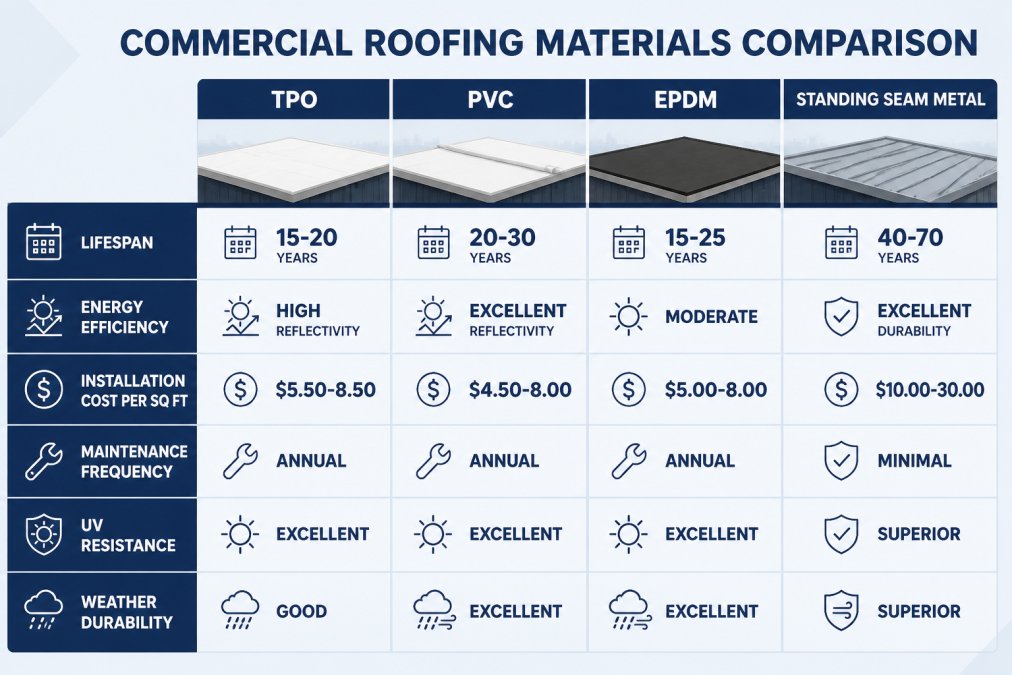 Comparison matrix showing TPO, PVC, EPDM, and Standing Seam Metal across lifespan (15-20 years, 20-30 years, 15-25 years, 40-70 years), energy efficiency (high reflectivity, excellent reflectivity, moderate, excellent durability), installation cost per sq ft ($5.50-8.50, $4.50-8.00, $5.00-8.00, $10.00-30.00), maintenance frequency (annual, annual, annual, minimal), UV resistance (excellent, excellent, excellent, superior), and weather durability (good, excellent, excellent, superior)