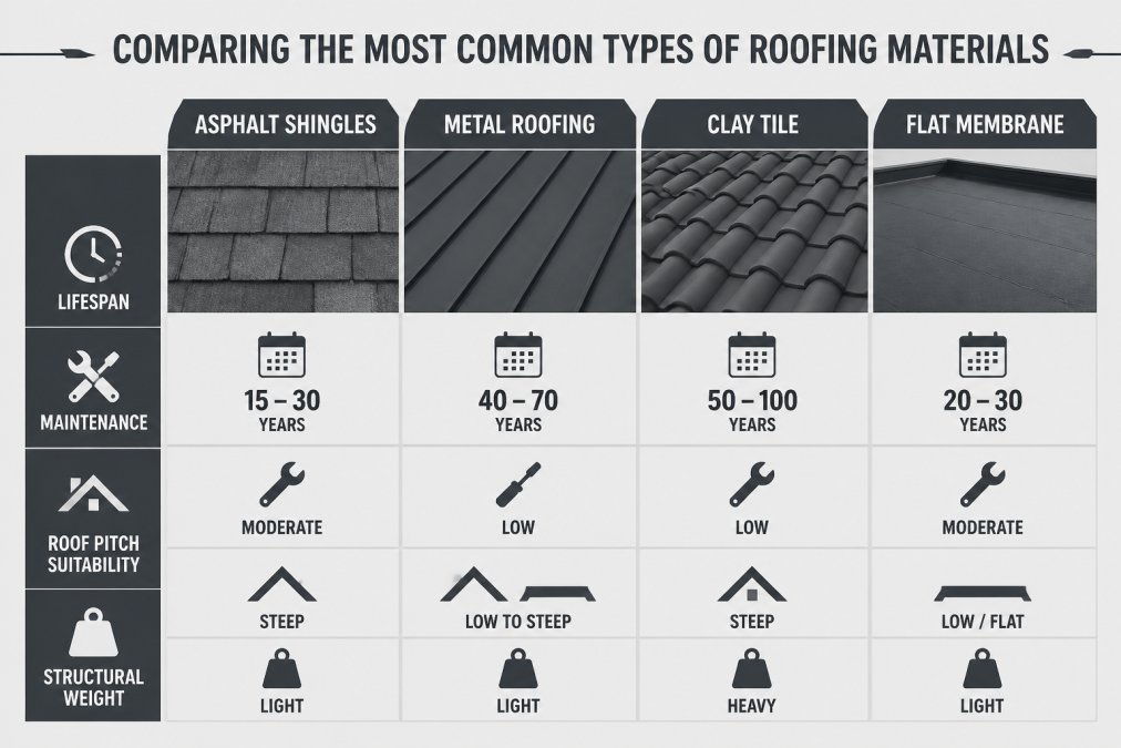 Comparison matrix for this roofing guide showing lifespan and weight of asphalt, metal, tile, and flat roofs.
