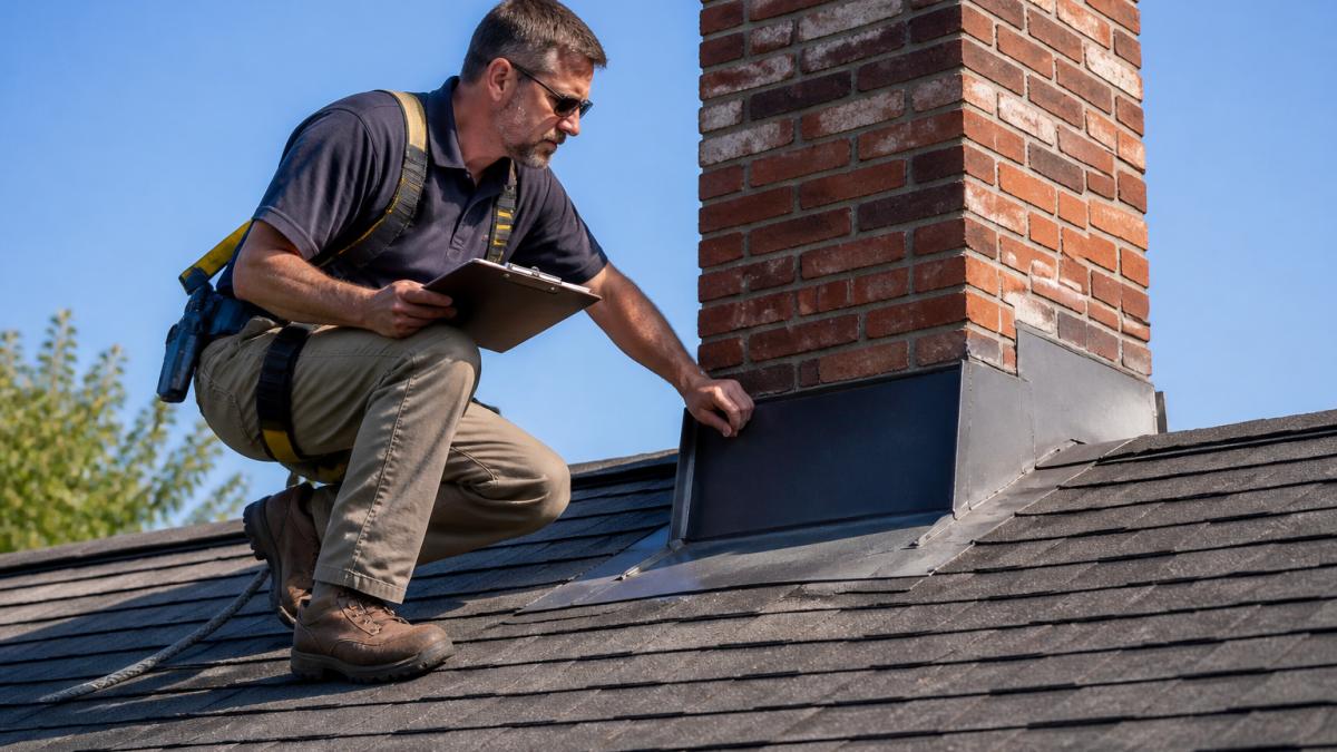 A roofing inspector in work clothes and a safety harness walking on a residential shingle roof, holding a clipboard and examining flashing around a chimney under clear skies