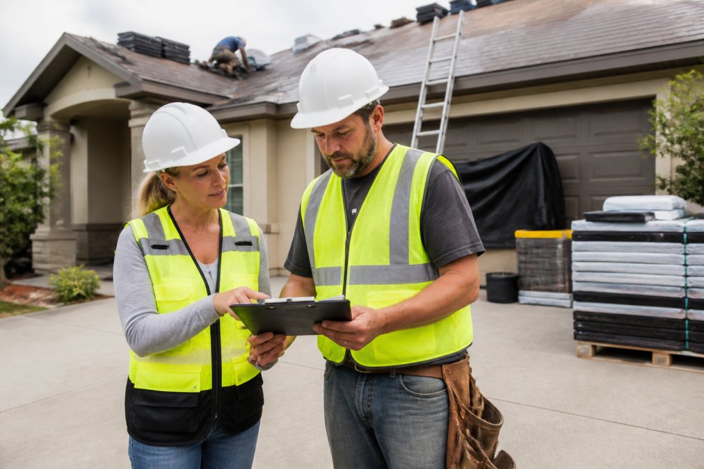 Contractor and homeowner reviewing inspection paperwork for Florida roofing installation standards on a driveway