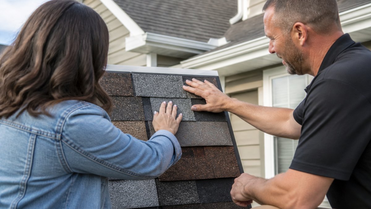Close-up of homeowner examining different asphalt shingle color and texture samples in natural daylight, comparing options with contractor guidance