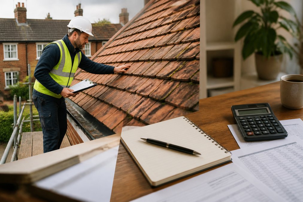 Experienced roofer inspecting a pitched roof with clay tiles on a residential Buckinghamshire property, carefully examining the condition of tiles and underlying structure