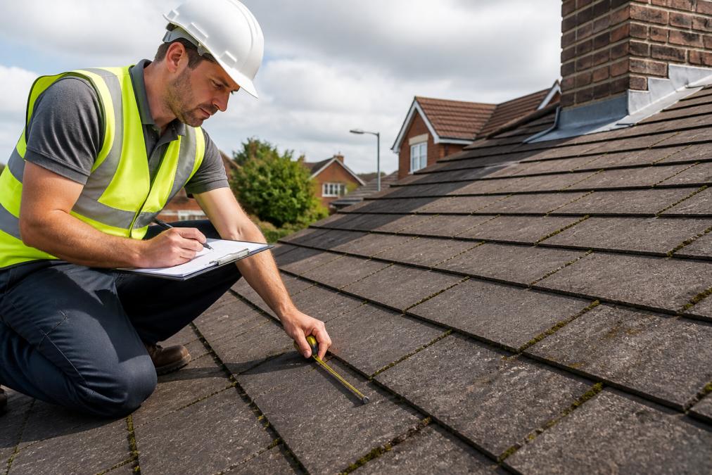 Professional roofer examining and inspecting a residential roof surface during daylight inspection, using measuring tools and clipboard to assess condition and take notes