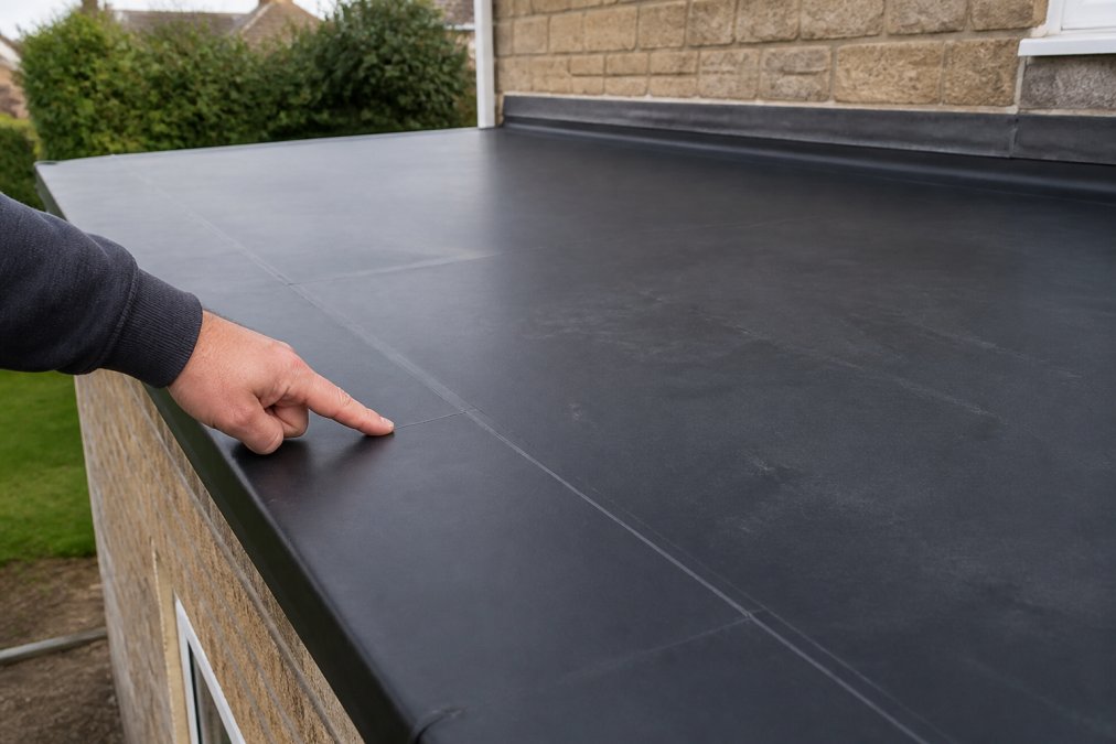 Close-up of a freshly installed EPDM rubber roof membrane on a residential extension showing the dark black rubber surface with clean, sealed seams and a technician's hand pointing to the material quality and installation detail