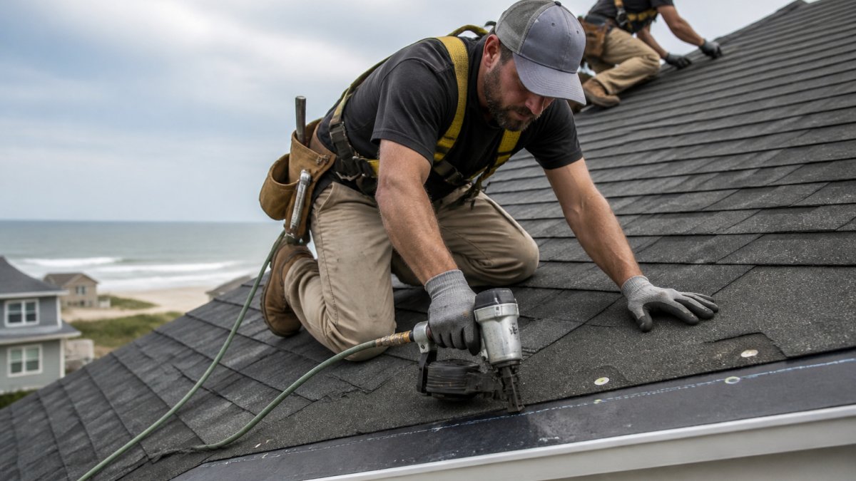 A roofing crew in safety harnesses installing shingles on a steep coastal home roof, with a nail gun and starter strip visible along the edge, bright overcast sky behind them