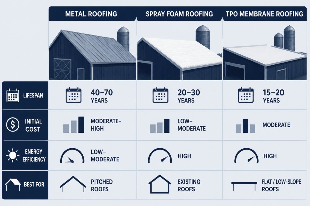 Comparison chart of roofing solutions for agricultural buildings evaluating lifespan, cost, and efficiency.