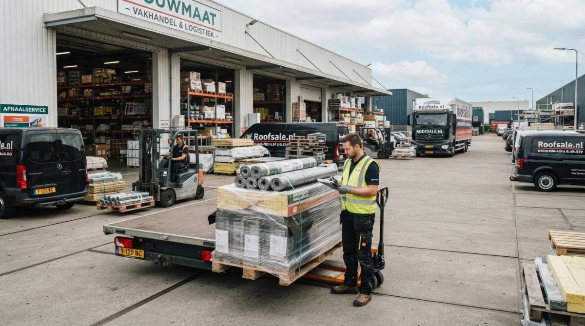 Bouwprofessional laadt grote rollen dakmaterialen in een witte bestelwagen op een afhaalplatform van een bouwgroothandel