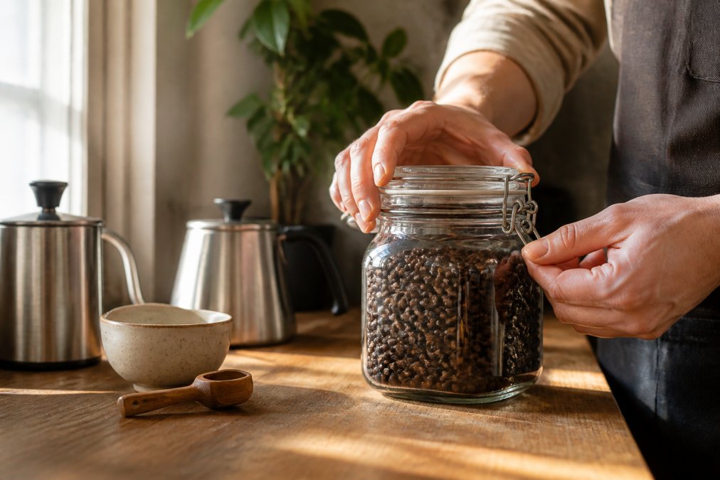 Hands carefully sealing an airtight glass container of dark roasted coffee beans, morning sunlight streaming through a nearby window illuminating the sealed lid and the rich brown beans inside