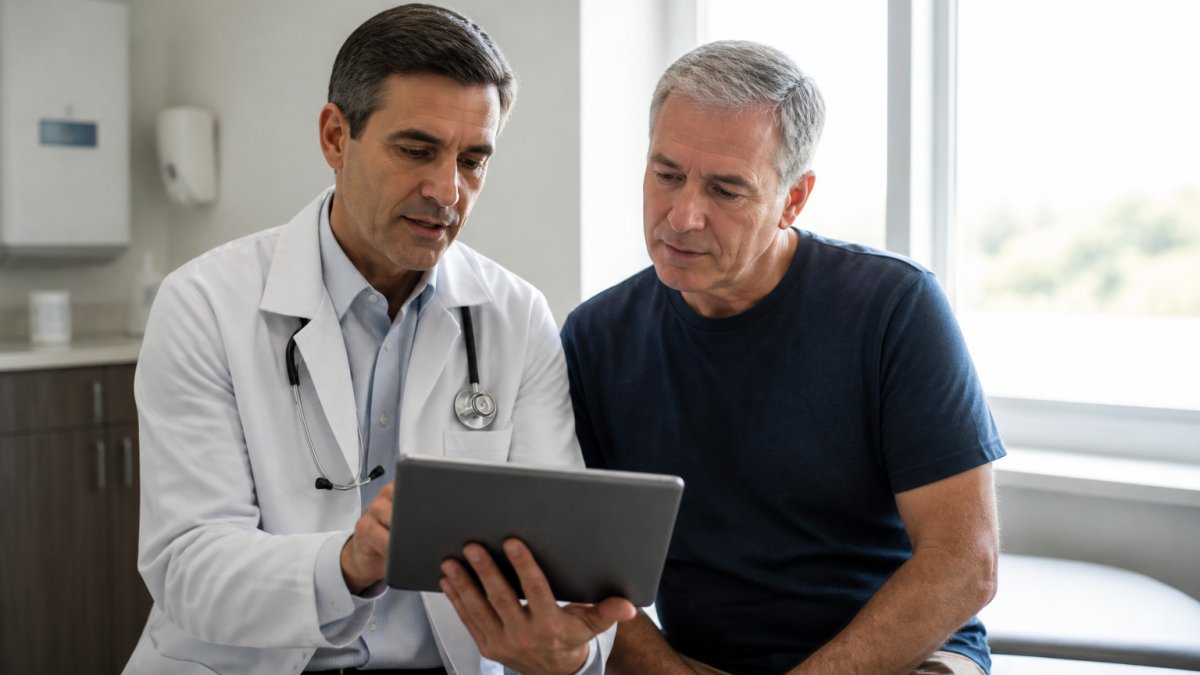 A physician in a bright exam room reviewing lab results on a tablet with a middle-aged patient, both looking at the screen with focused expressions