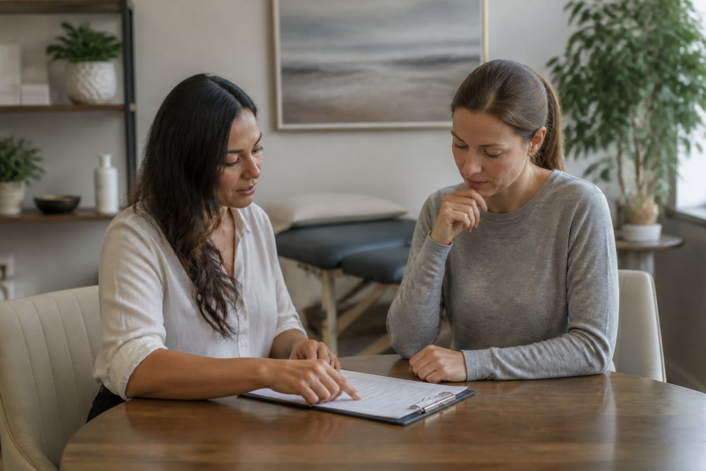 A practitioner and patient sitting together at a wooden desk in a calm, well-lit wellness clinic, reviewing a printed wellness plan together, both engaged in a focused and collaborative conversation