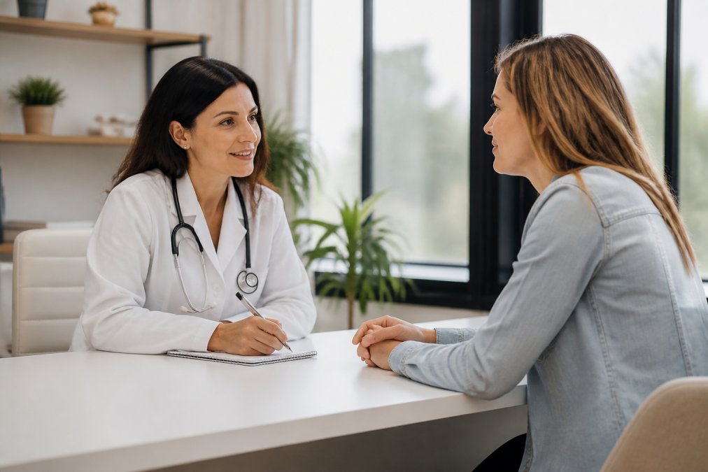A physician in a white coat sitting face-to-face with a patient in a bright, modern clinic room, both engaged in collaborative discussion with a notepad on the table