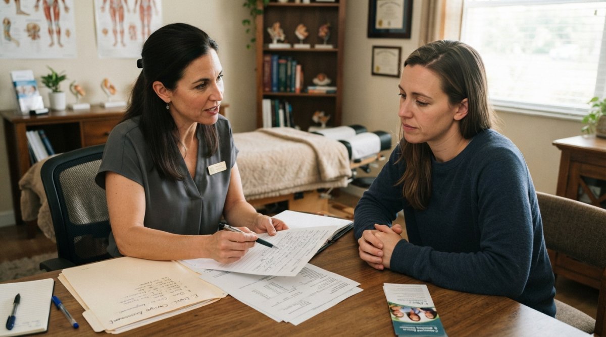 Healthcare provider reviewing diagnostic test results and clinical notes with patient in consultation room, examining chronic fatigue syndrome criteria