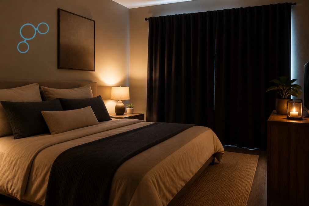 Serene bedroom with soft warm lighting, comfortable layered bedding, blackout curtains, minimal clutter, and a peaceful sleep environment