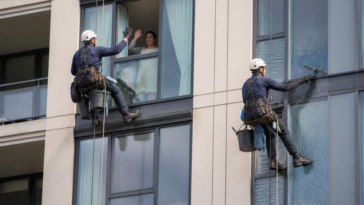 Two rope access technicians in helmets and harnesses cleaning the glass facade of a modern apartment block, ropes rigged from the roof, one technician waving to a resident at a window