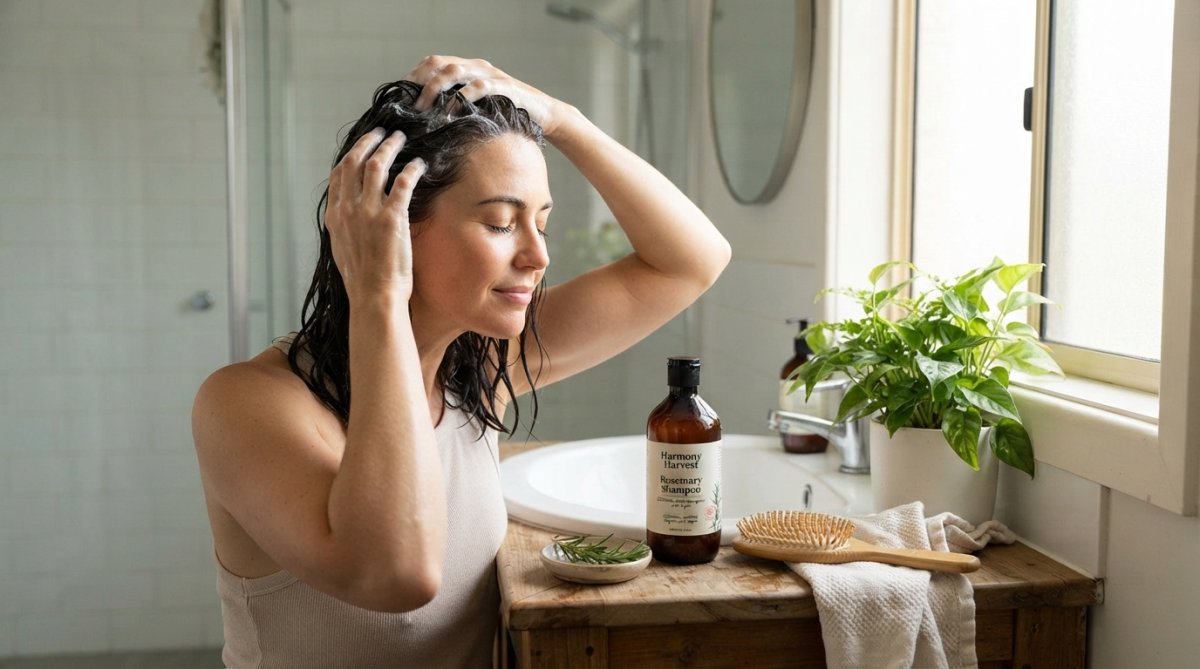 A woman in a bright bathroom massaging shampoo into her wet scalp with fingertips, eyes closed, relaxed expression, natural light from a window, green plant on the basin