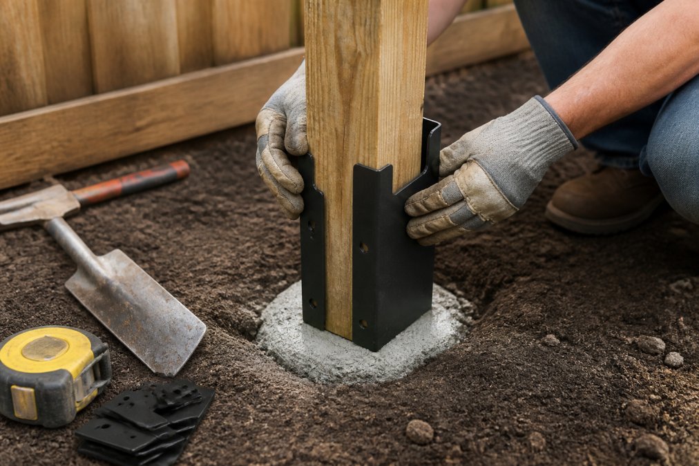Close-up of a contractor's gloved hands installing a protective post guard around a cedar fence post set in concrete, with dark soil visible around the base and natural daylight