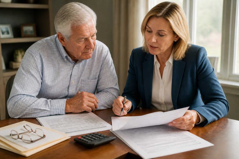 Financial advisor and client reviewing retirement account statements and tax documents together at a desk, with papers, calculator, and reading glasses visible in natural office lighting