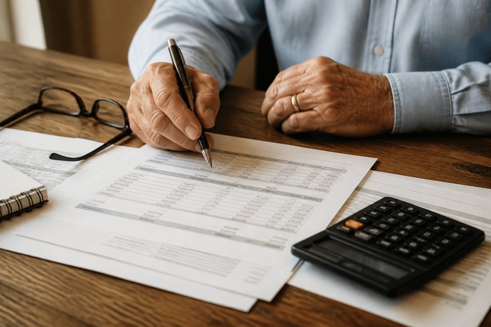 Hands holding a pen over financial planning worksheets, with a calculator and reading glasses nearby on a wooden desk in natural lighting