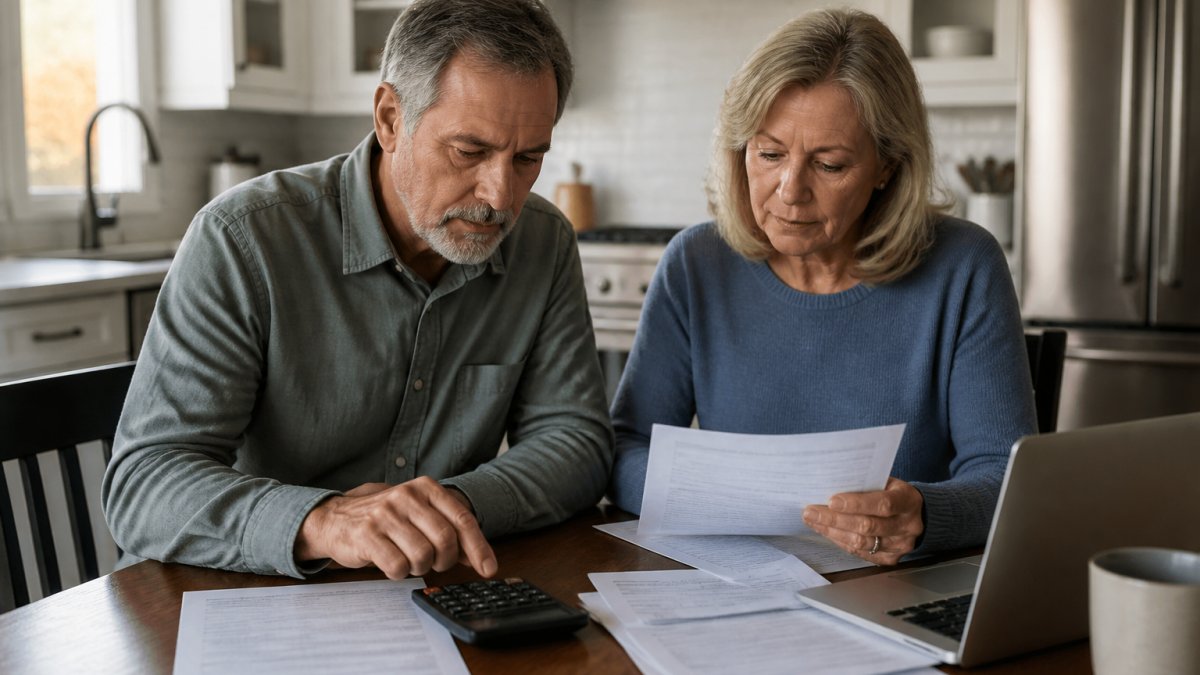 A couple in their late 50s sitting at a kitchen table with a laptop, reviewing tax forms and a calculator, warm natural light