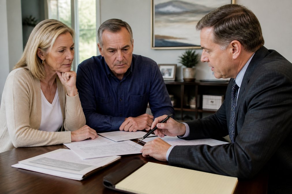 A financial advisor and a pre-retiree couple reviewing tax bracket documents at a desk with a laptop showing retirement account balances