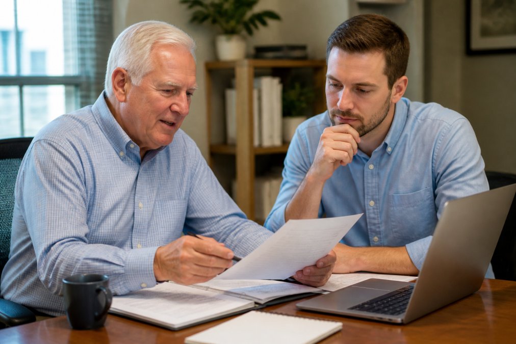 A financial advisor and client reviewing retirement account statements together at a desk with a laptop and documents, discussing Roth conversion options in a bright, professional office setting