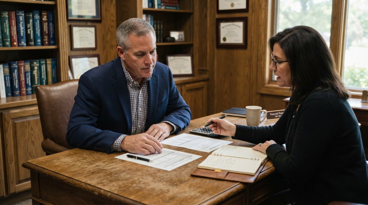 Financial advisor reviewing retirement account statements and tax documents with a client at a desk, pointing to specific figures on the paperwork with natural office lighting