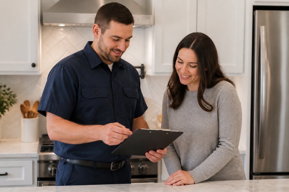A professional plumber in uniform reviewing a service estimate with a homeowner in a bright kitchen, both looking at a clipboard with a friendly expression