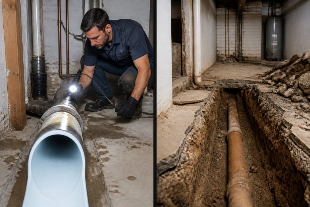 A professional plumber in uniform kneeling beside a clean trenchless pipe lining installation in a residential basement, inspecting the cured pipe with a handheld light, minimal disruption visible around the work area