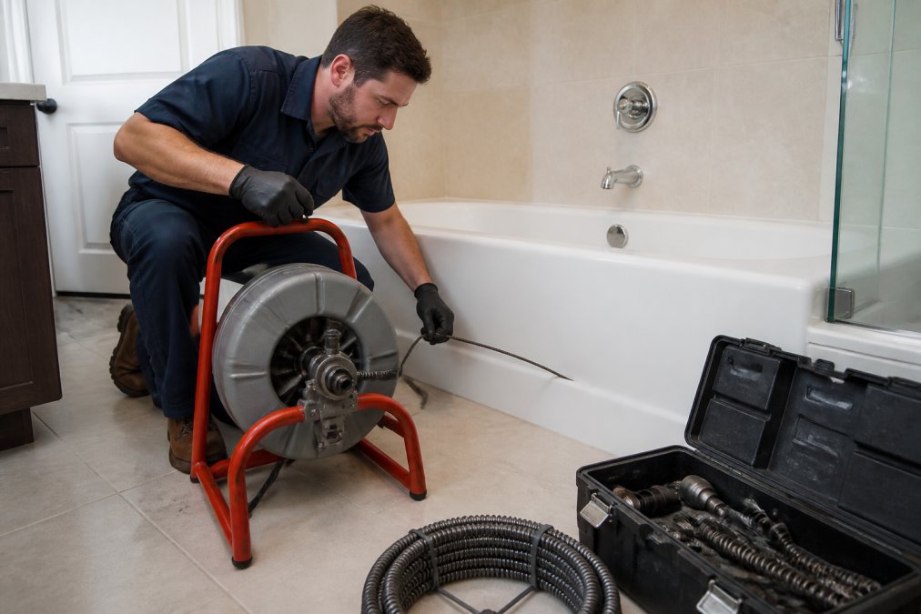 A licensed plumber in navy work attire operating a motorized drain auger machine beside a residential bathtub, coiled steel cable and open toolbox in the foreground, bright bathroom lighting