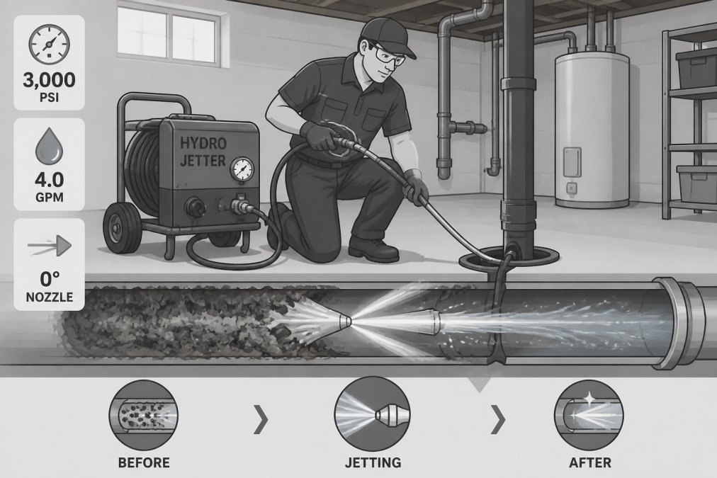 Professional plumber using specialized hydro-jetting equipment on a residential drain system, showing pressurized water clearing debris from inside a pipe in a basement setting with concrete floor and exposed plumbing infrastructure