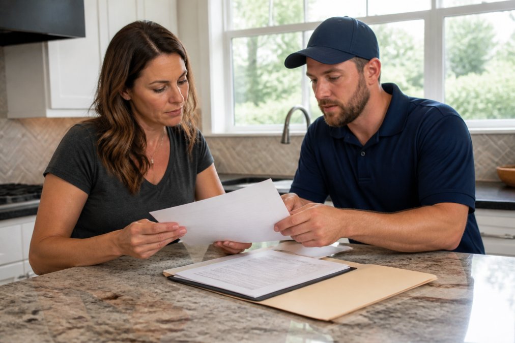 Homeowner in residential kitchen reviewing licensing documents and insurance certificates with a professional plumber during initial consultation, natural daylight from window illuminating the paperwork on countertop