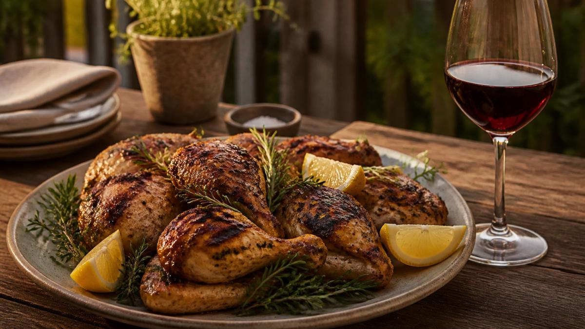 Grillad kyckling på ett fat med citronklyftor och färska örter, ett glas ljust rött vin bredvid på ett träbord i kvällsljus