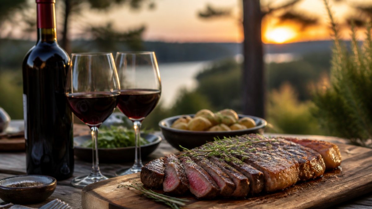 En nygrillad entrecote på ett träfat med en flaska rött vin och två glas bredvid, utomhus på en sommarkväll