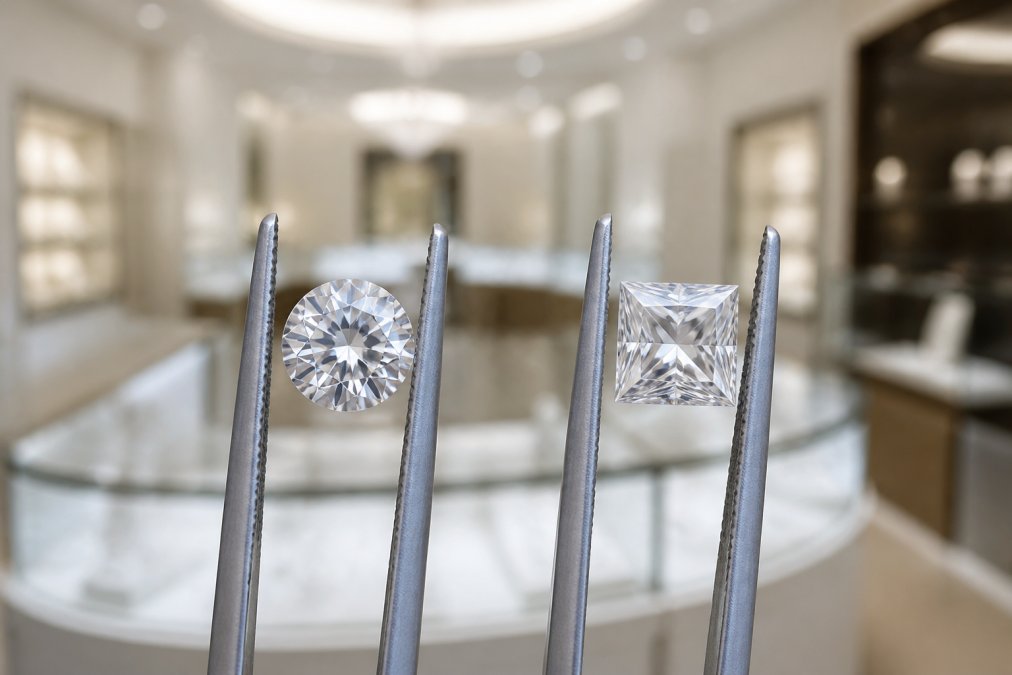 A side-by-side photo of a round brilliant cut diamond and a princess cut diamond held in jeweller's tweezers against a soft, blurred background of a bright boutique