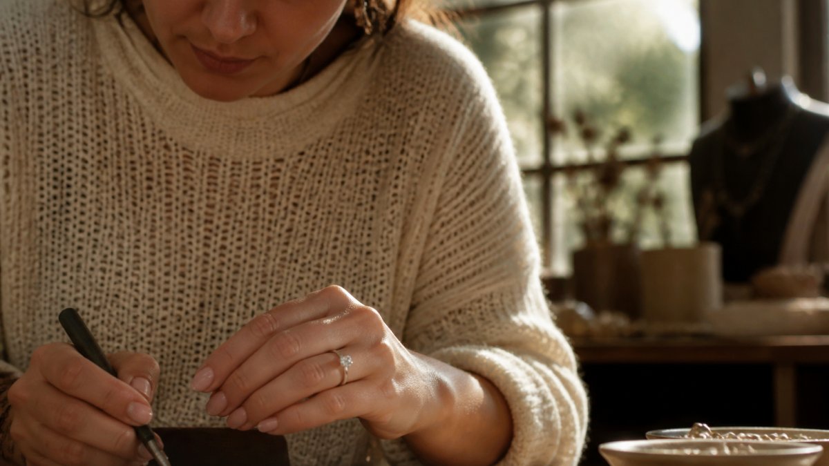 Close-up of a hand wearing a round brilliant diamond engagement ring with a claw setting in white gold, resting on a soft neutral fabric, natural window light catching the stone