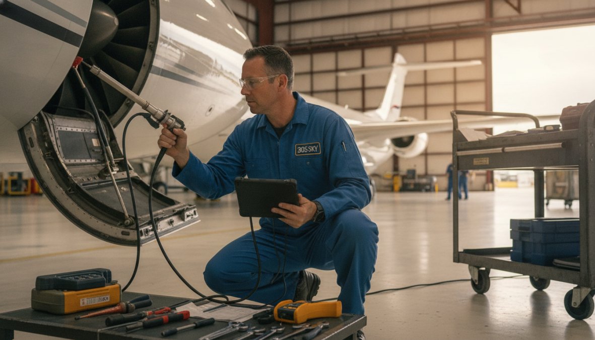Certified aircraft mechanic performing detailed inspection of aircraft engine components in a well-lit maintenance hangar, using precision diagnostic tools and reference manuals