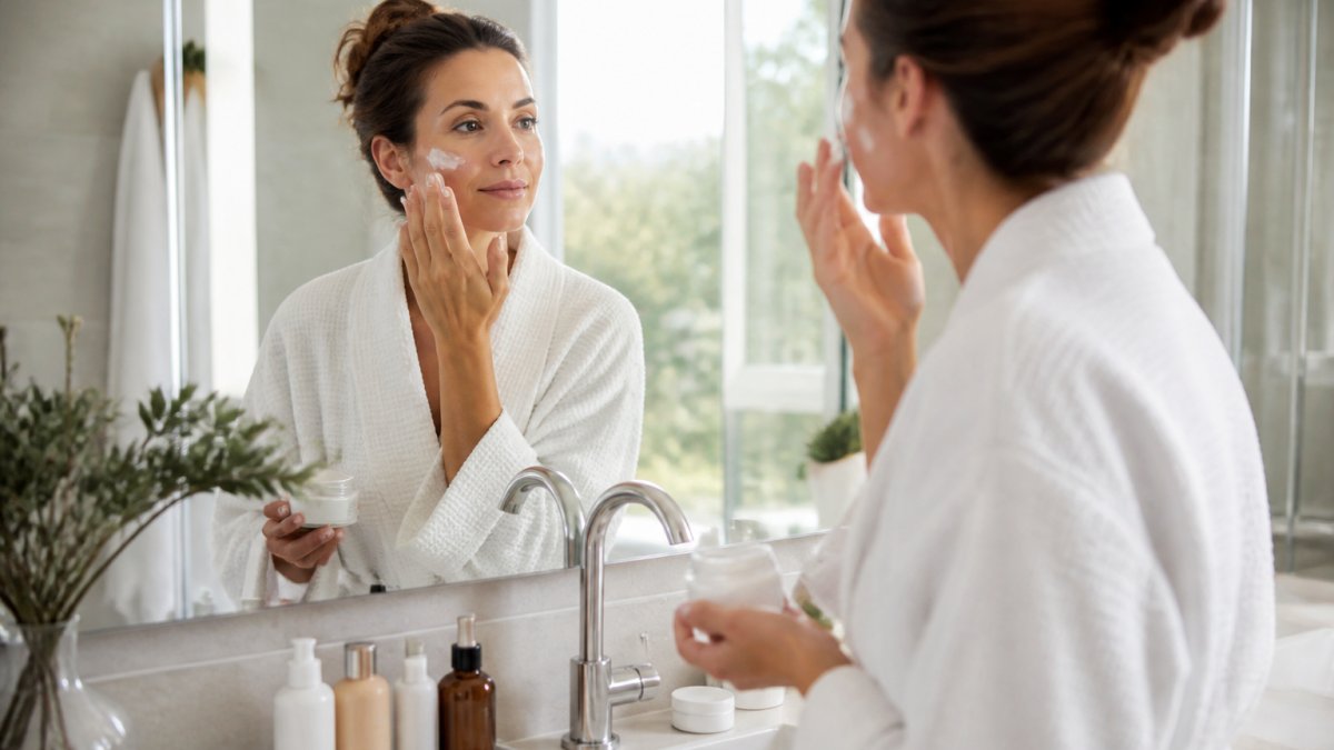Femme d'environ 30 ans dans une salle de bain lumineuse, appliquant une crème hydratante sur son visage, flacons de soins visibles sur le comptoir, ambiance matinale douce