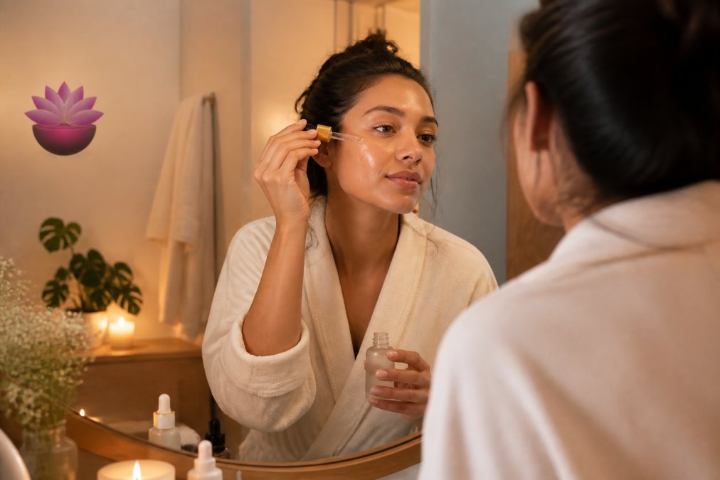 Femme appliquant délicatement un sérum hydratant sur son visage dans une salle de bain à la lumière apaisante du soir.