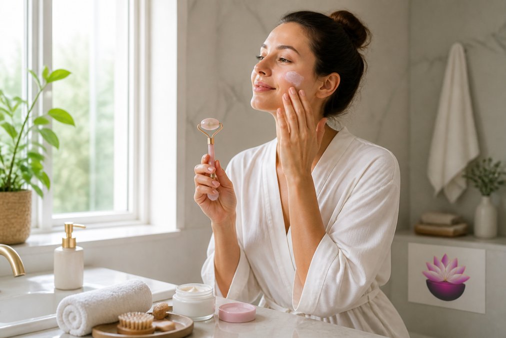 Femme appliquant une crème hydratante sur son visage avec un face roller en quartz rose dans une salle de bain lumineuse et apaisante, lumière naturelle du matin